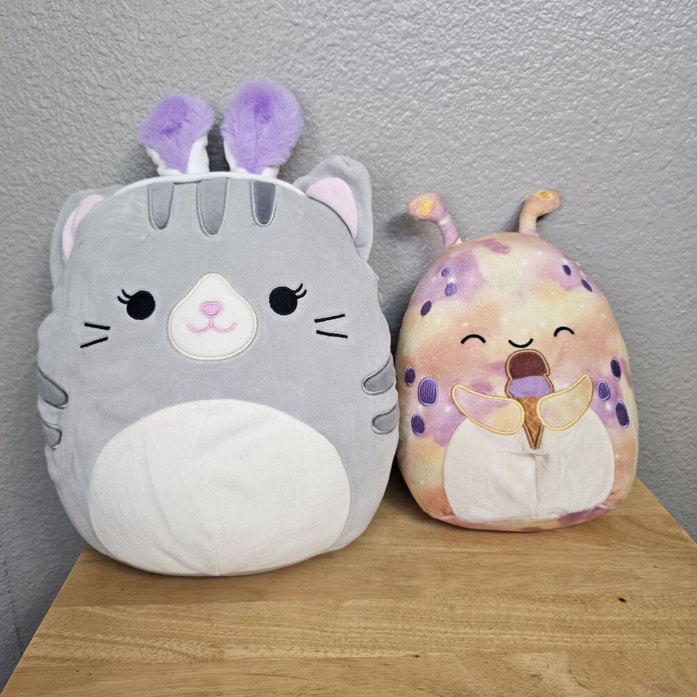 Squishmallows Plush Lot Gray Cat Bunny Ears & Pastel Alien Ice Cream Stuffed...